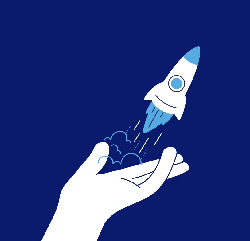 Illustration of a rocket launching from a hand, symbolizing Solution Founder's achievement as the Best Starter Partner in MENA