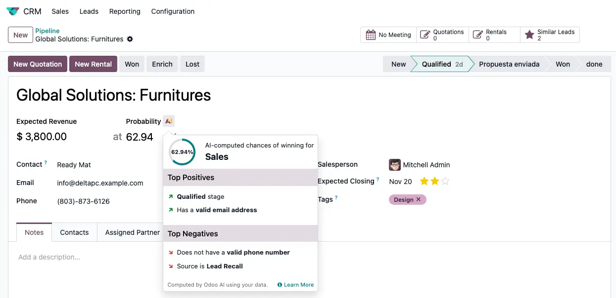 Odoo interface showcasing built-in AI features for business management