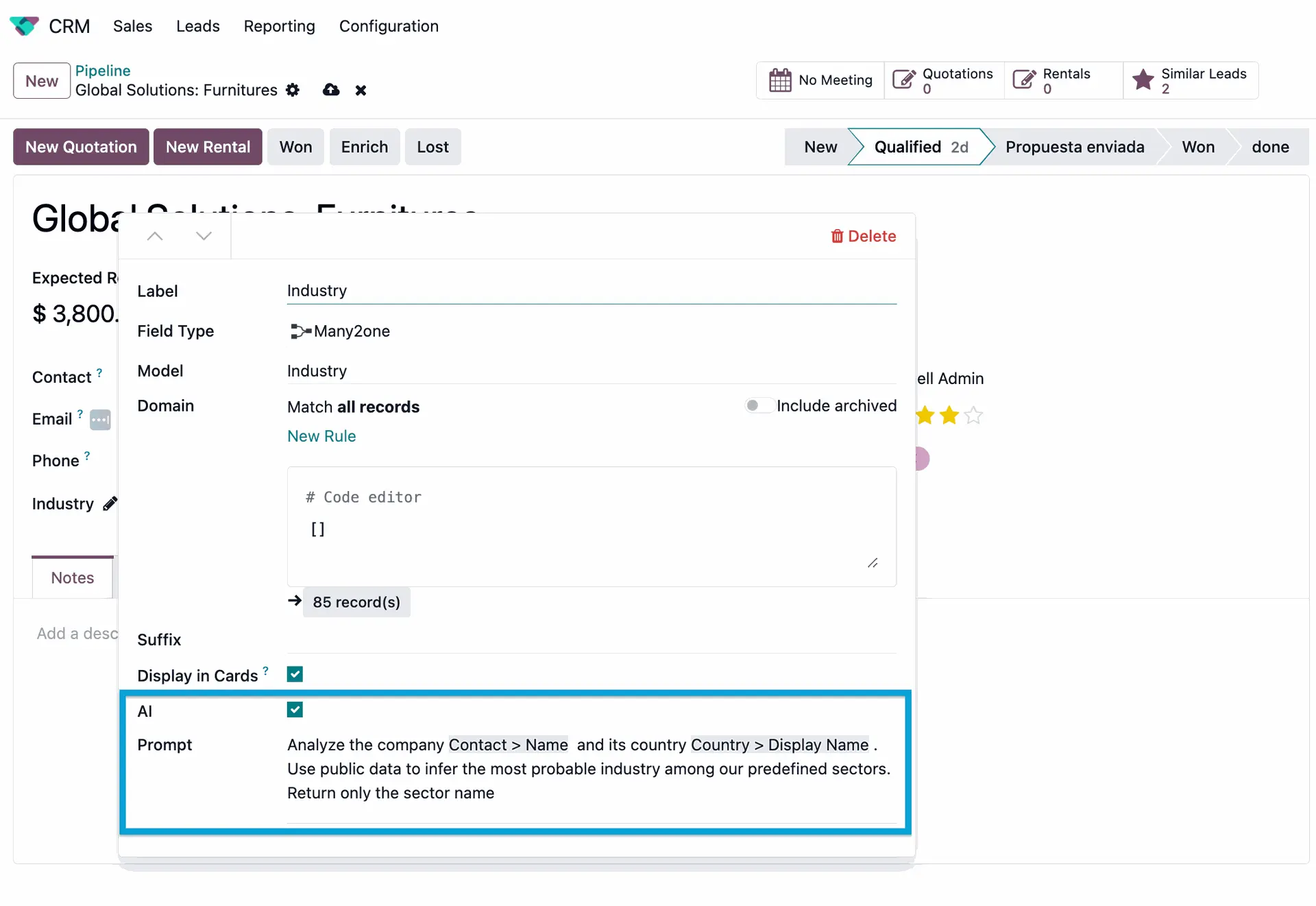Odoo interface showcasing built-in AI features for business management