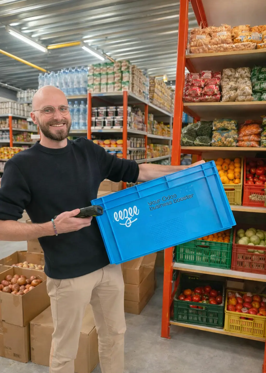 Warehouse employee handling food products with optimized inventory management