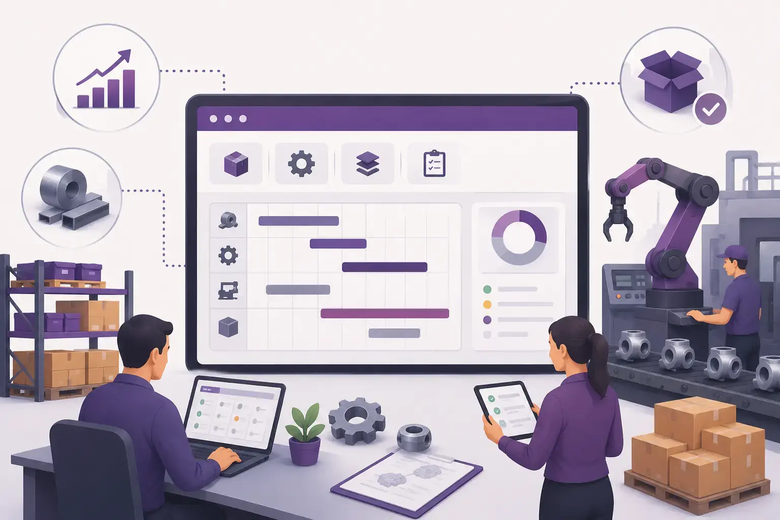 Illustration of Odoo MRP highlighting production planning and industrial operations tracking