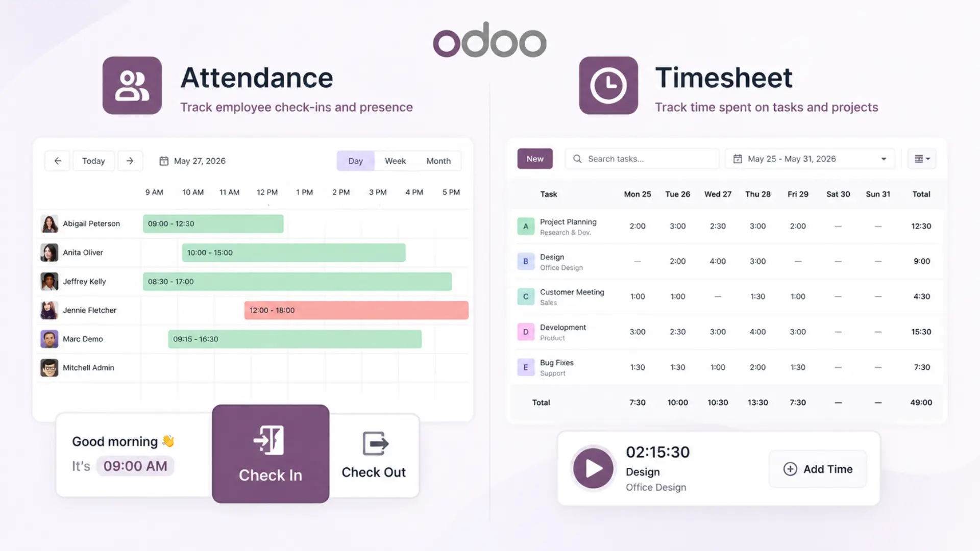 Illustration showing Odoo Timesheet and Attendance for accurate time tracking.