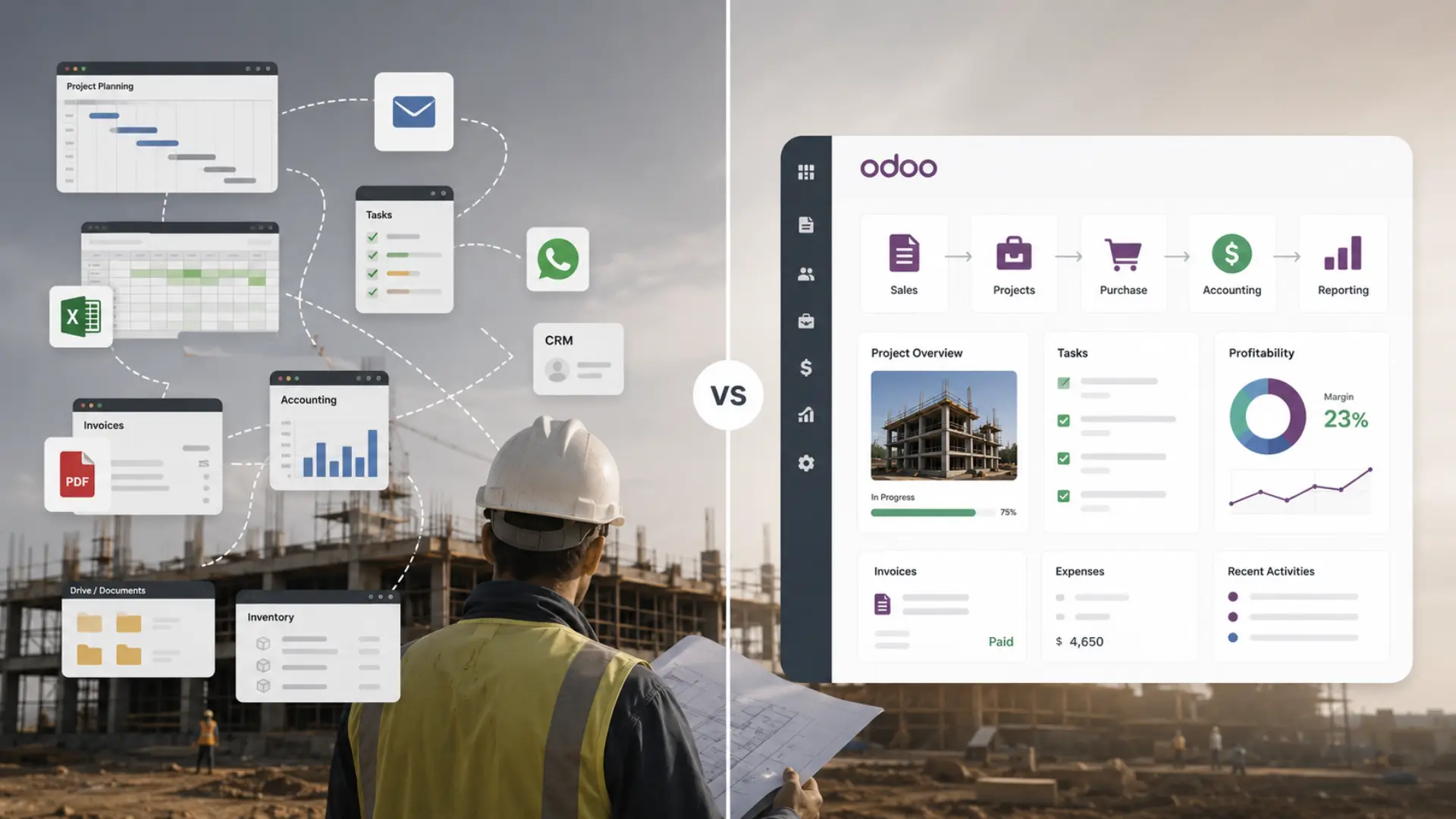 The comparison between Odoo and Excel highlights the difference between an integrated ERP and a traditional spreadsheet tool.