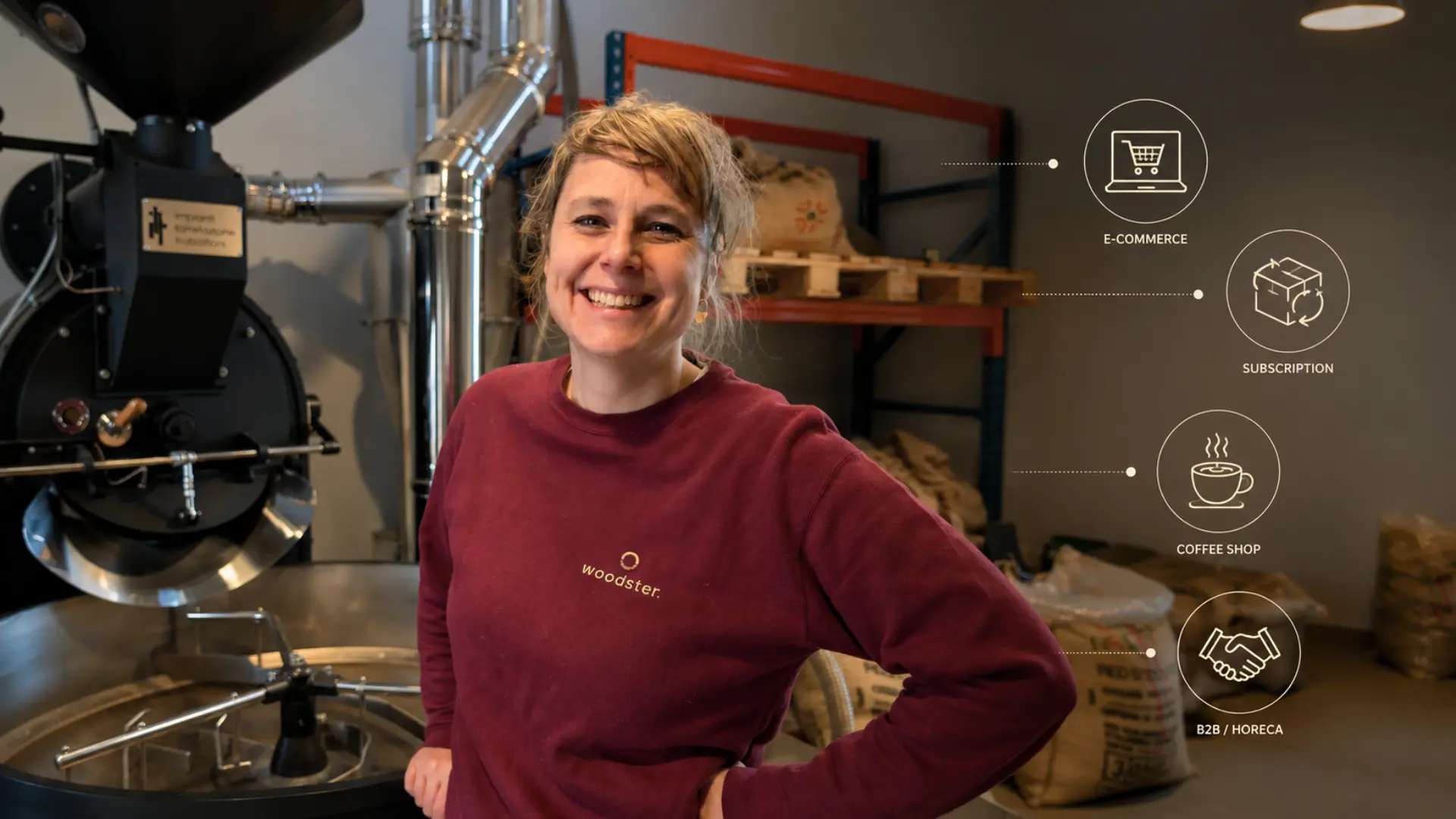 A smiling Woodster employee uses Odoo to manage company sales.