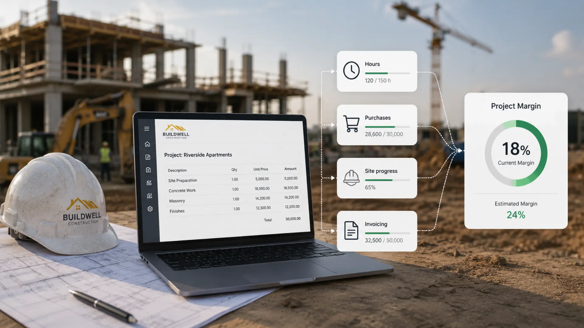 Odoo dashboard comparing a construction project's actual and estimated margin in real time